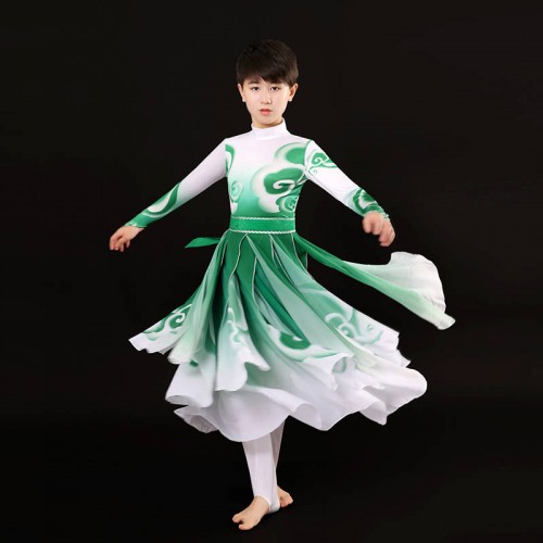 Red royal blue green colored Chinese folk classical dance costumes for boys kids children fan umbrella dance outfits chinese kungfu wushu performance costumes